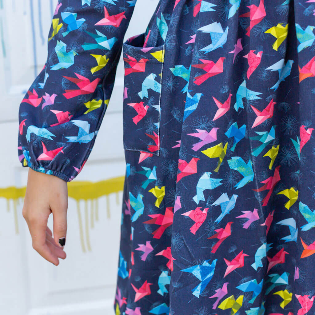 "Flight of Fancy" Origami Birds Long Sleeve Dress with Patch Pockets Princess Awesome & Boy Wonder