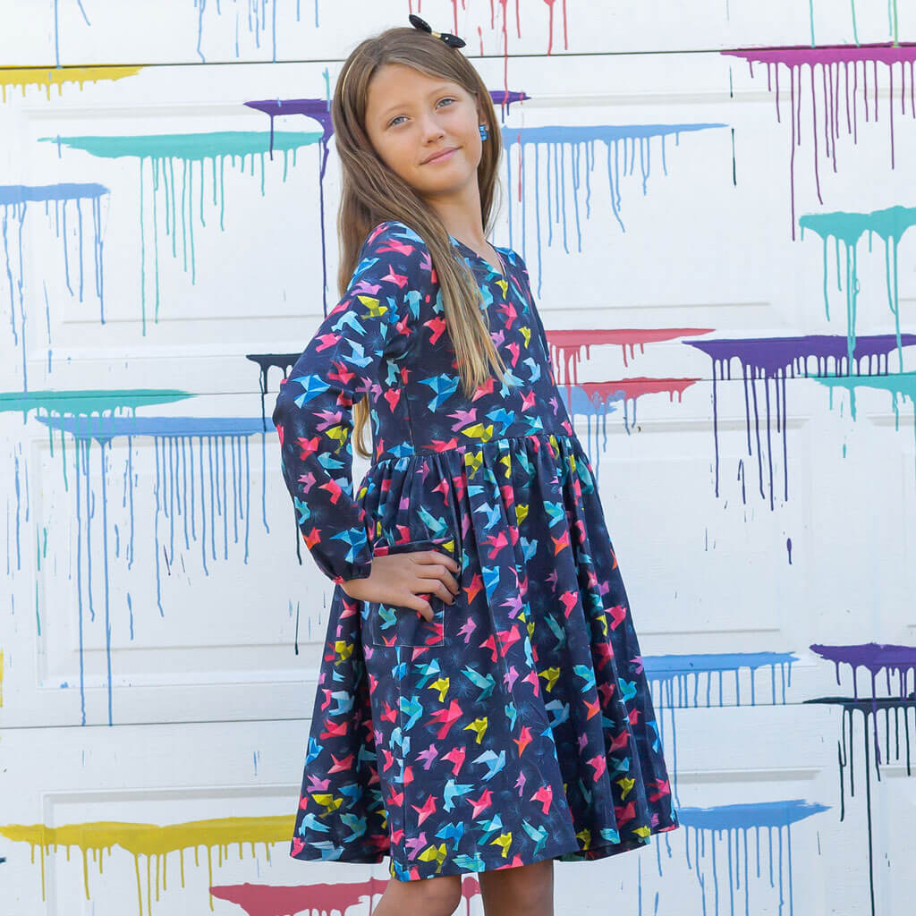 "Flight of Fancy" Origami Birds Long Sleeve Dress with Patch Pockets Princess Awesome & Boy Wonder