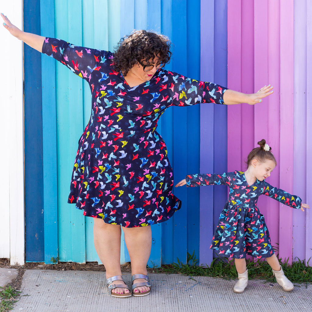 "Flight of Fancy" Origami Birds Long Sleeve Dress with Patch Pockets Princess Awesome & Boy Wonder
