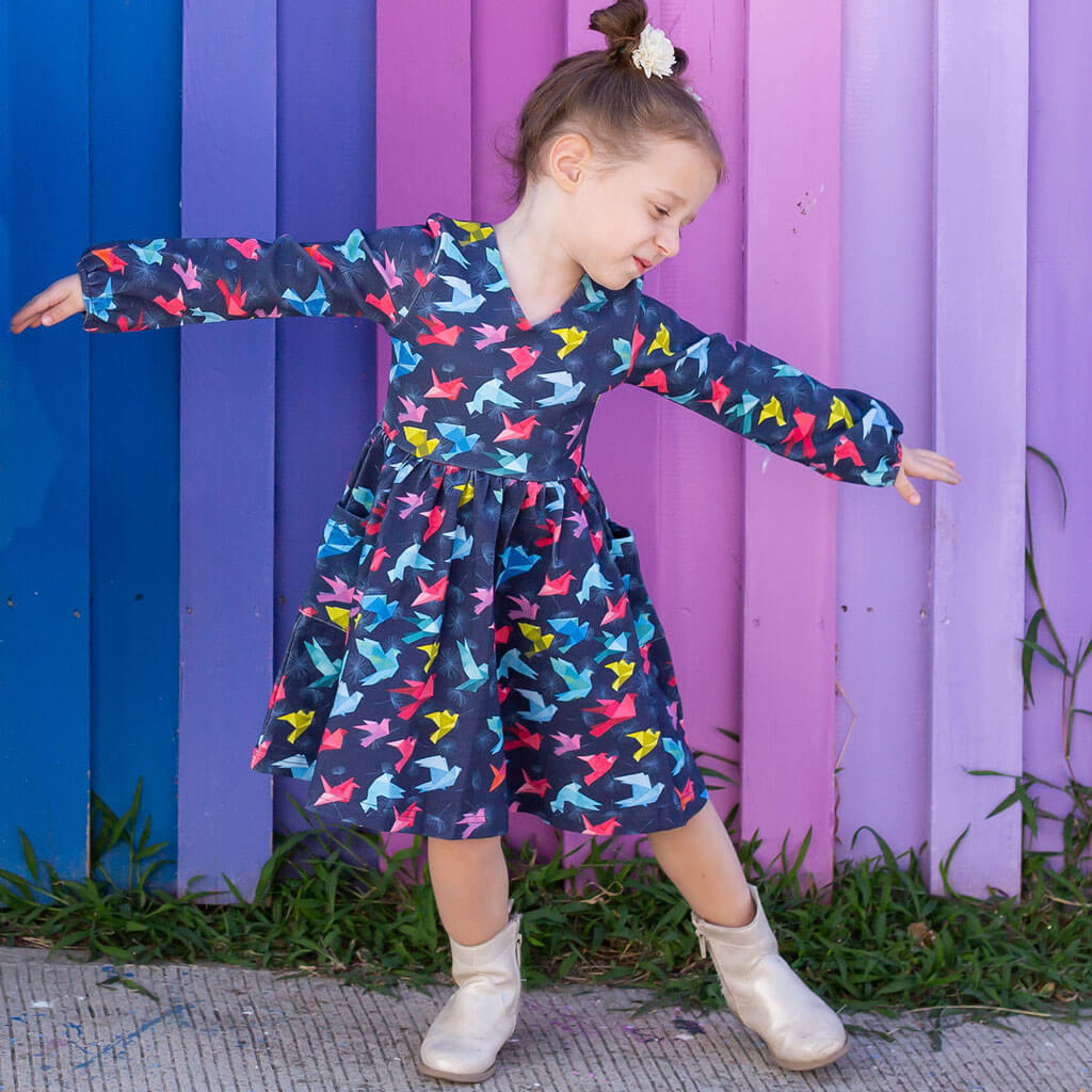 "Flight of Fancy" Origami Birds Long Sleeve Dress with Patch Pockets Princess Awesome & Boy Wonder