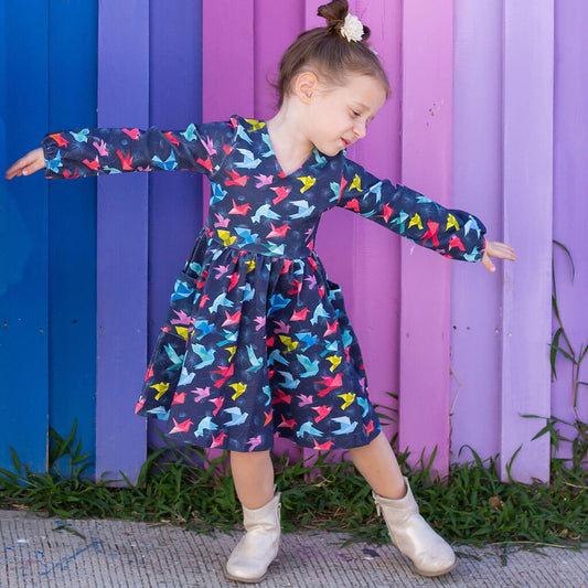 "Flight of Fancy" Origami Birds Long Sleeve Dress with Patch Pockets Princess Awesome & Boy Wonder
