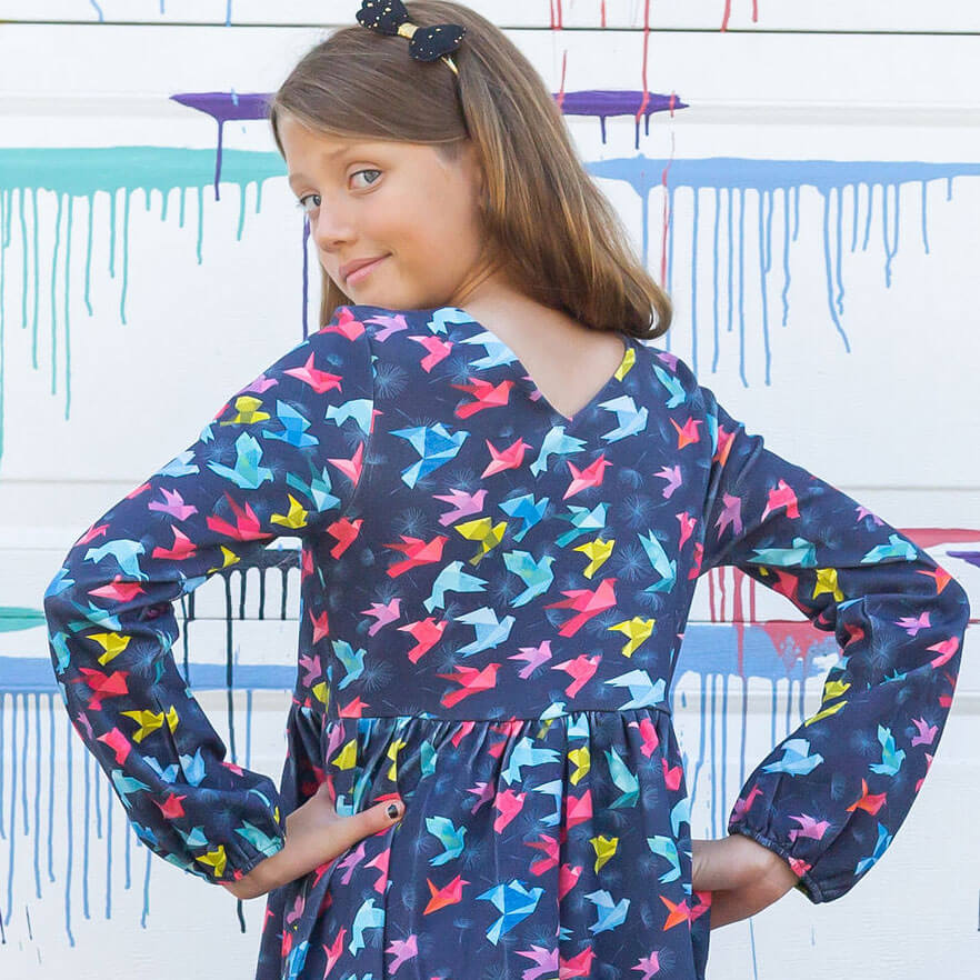 "Flight of Fancy" Origami Birds Long Sleeve Dress with Patch Pockets Princess Awesome & Boy Wonder
