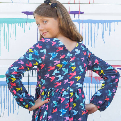 "Flight of Fancy" Origami Birds Long Sleeve Dress with Patch Pockets Princess Awesome & Boy Wonder