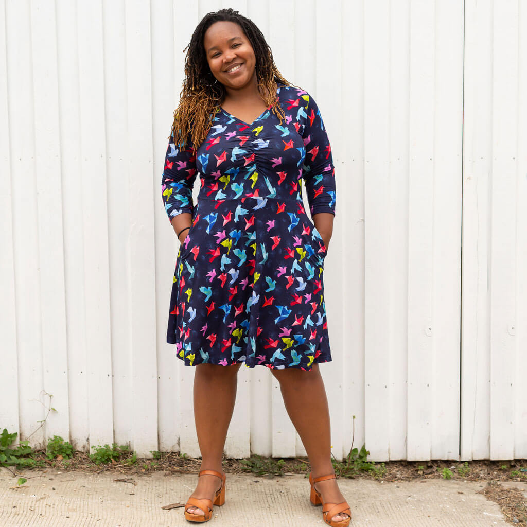 Adult "Flight of Fancy" Origami Birds V-Neck A-Line Dress with Sleeves and Pockets Princess Awesome & Boy Wonder