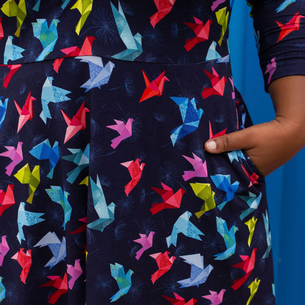 Adult "Flight of Fancy" Origami Birds V-Neck A-Line Dress with Sleeves and Pockets Princess Awesome & Boy Wonder