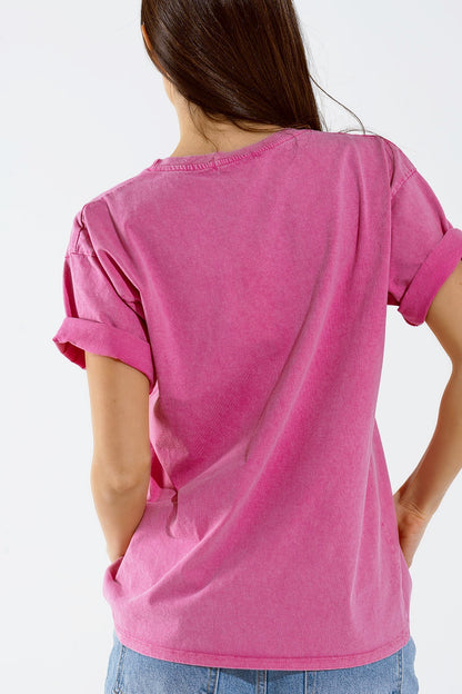 Oversized fuchsia t-shirt printed LA Los Angeles in white and fuchsia Q2store
