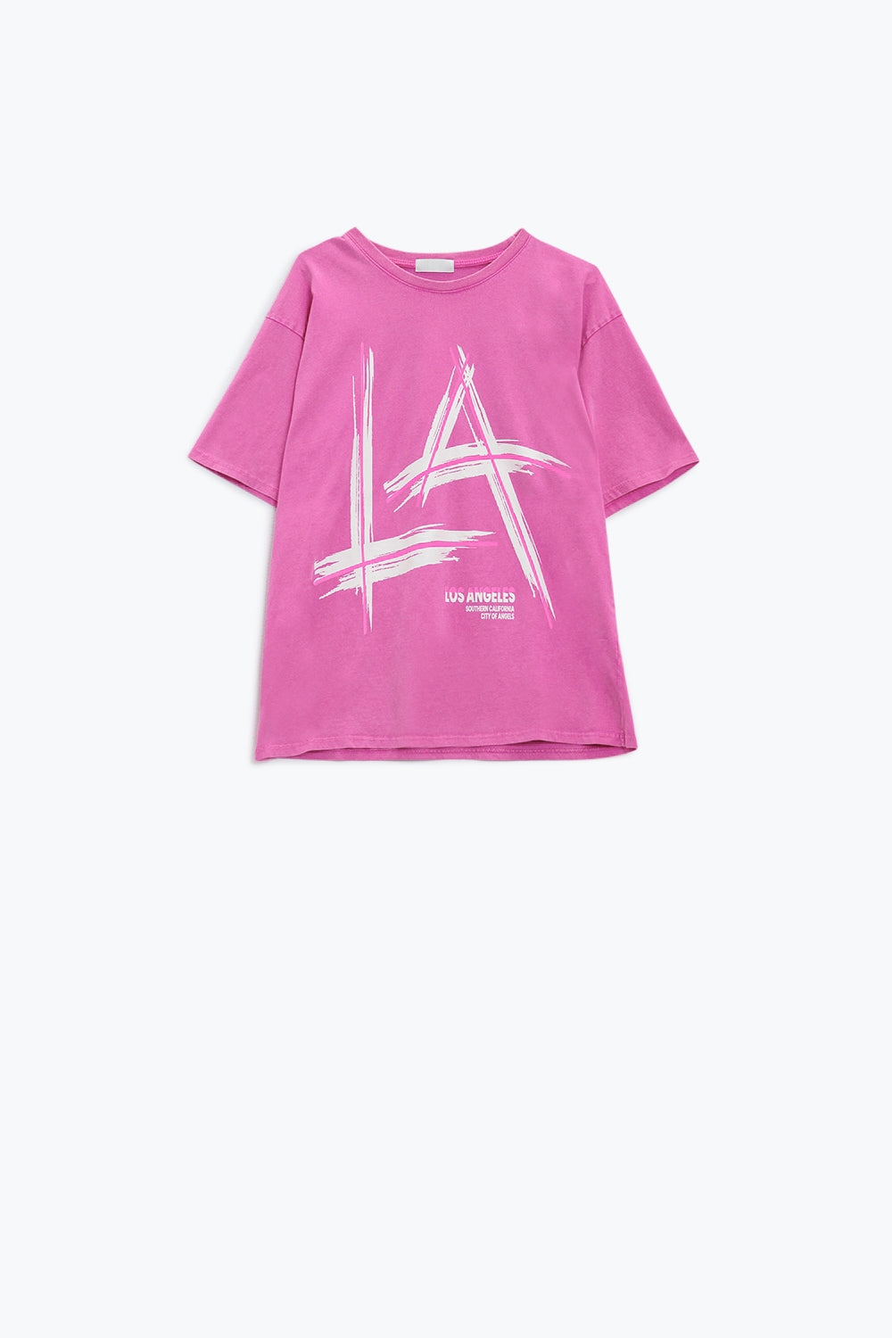 Oversized fuchsia t-shirt printed LA Los Angeles in white and fuchsia Q2store