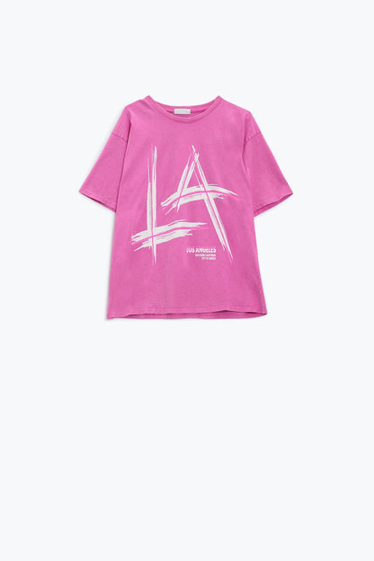 Oversized fuchsia t-shirt printed LA Los Angeles in white and fuchsia Q2store