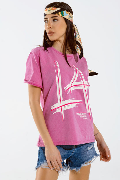 Oversized fuchsia t-shirt printed LA Los Angeles in white and fuchsia Q2store
