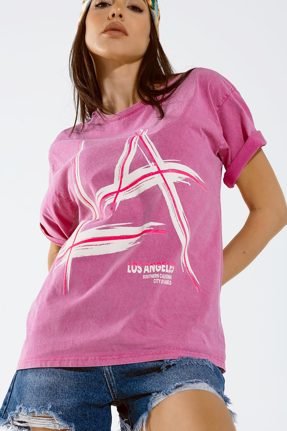 Oversized fuchsia t-shirt printed LA Los Angeles in white and fuchsia Q2store