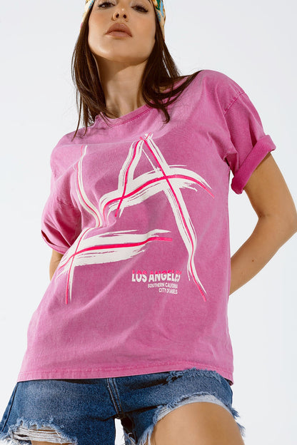 Oversized fuchsia t-shirt printed LA Los Angeles in white and fuchsia Q2store