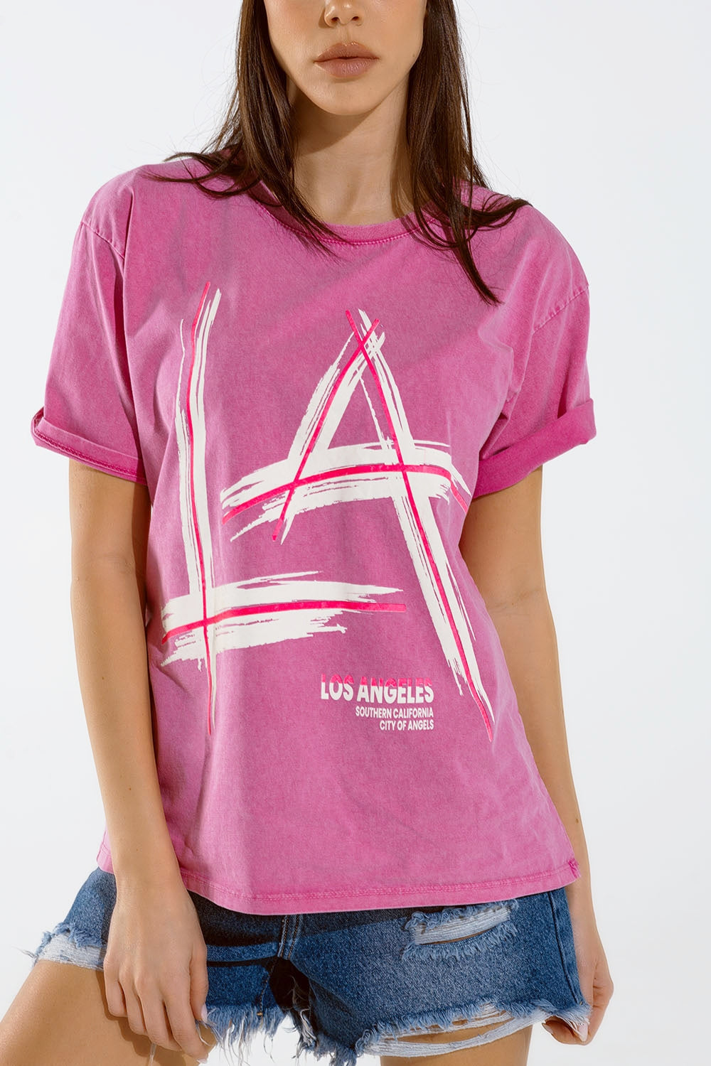 Oversized fuchsia t-shirt printed LA Los Angeles in white and fuchsia Q2store