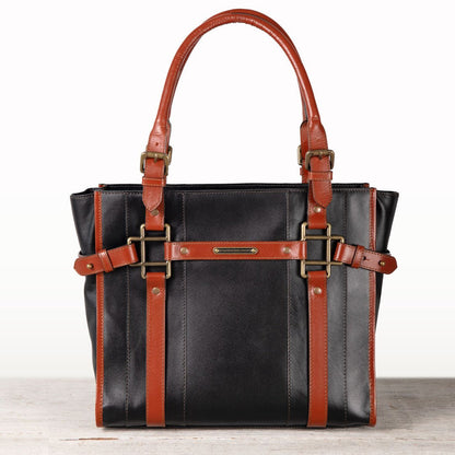 Paddock -  Halter Tote Luxury Leather Handbag in Cognac on Black Urban-Equestrian