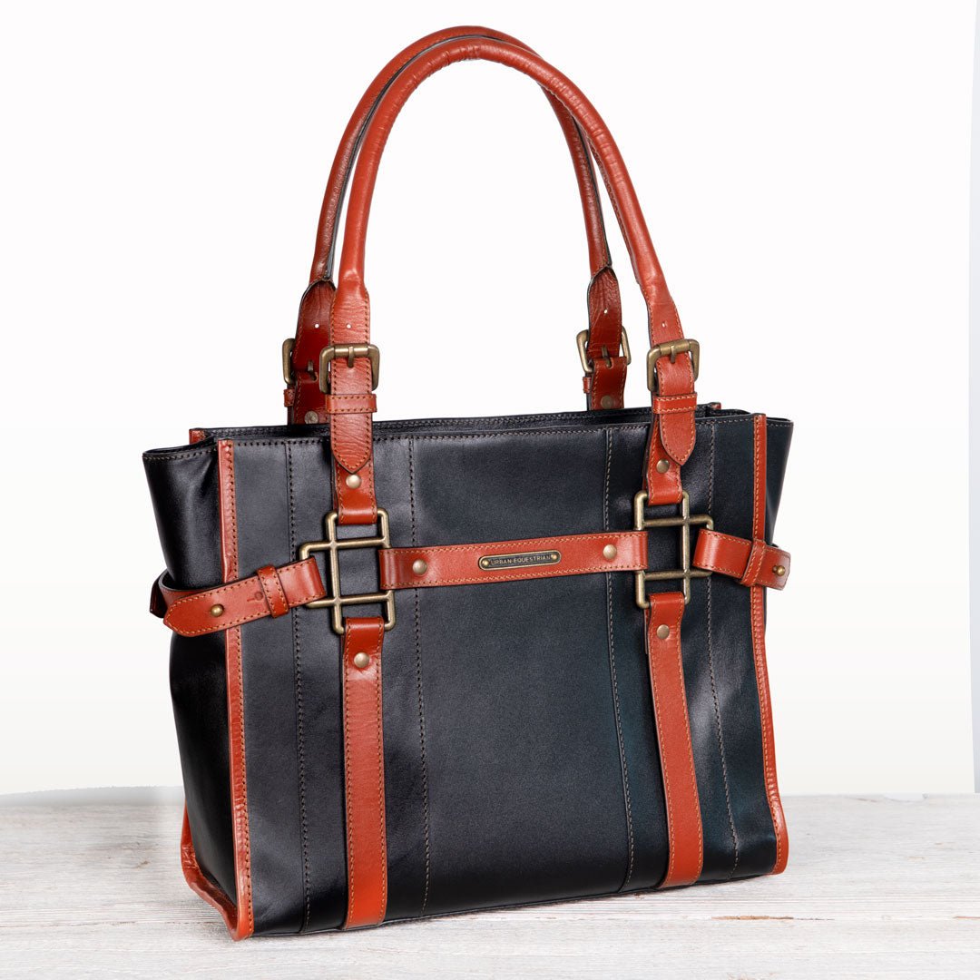 Paddock -  Halter Tote Luxury Leather Handbag in Cognac on Black Urban-Equestrian