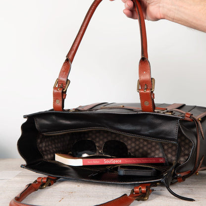 Paddock -  Halter Tote Luxury Leather Handbag in Cognac on Black Urban-Equestrian