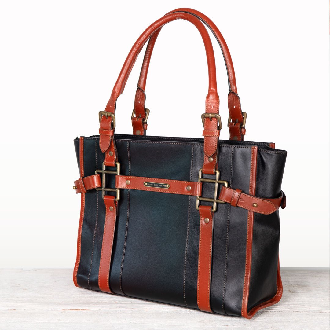Paddock -  Halter Tote Luxury Leather Handbag in Cognac on Black Urban-Equestrian