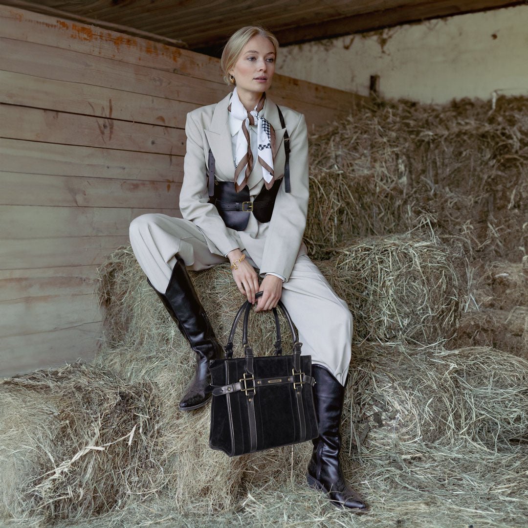 Paddock -  Halter Tote Luxury Leather Handbag in Black on Black Urban-Equestrian
