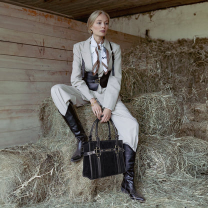 Paddock -  Halter Tote Luxury Leather Handbag in Black on Black Urban-Equestrian