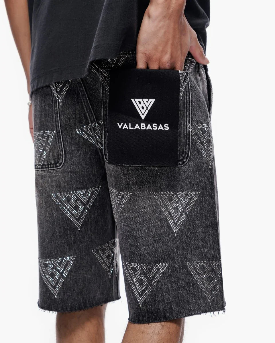Valabasas Palace Rhinestone Shorts - Grey Wash Denim Exchange