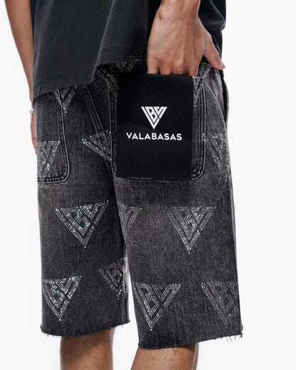 Valabasas Palace Rhinestone Shorts - Grey Wash Denim Exchange