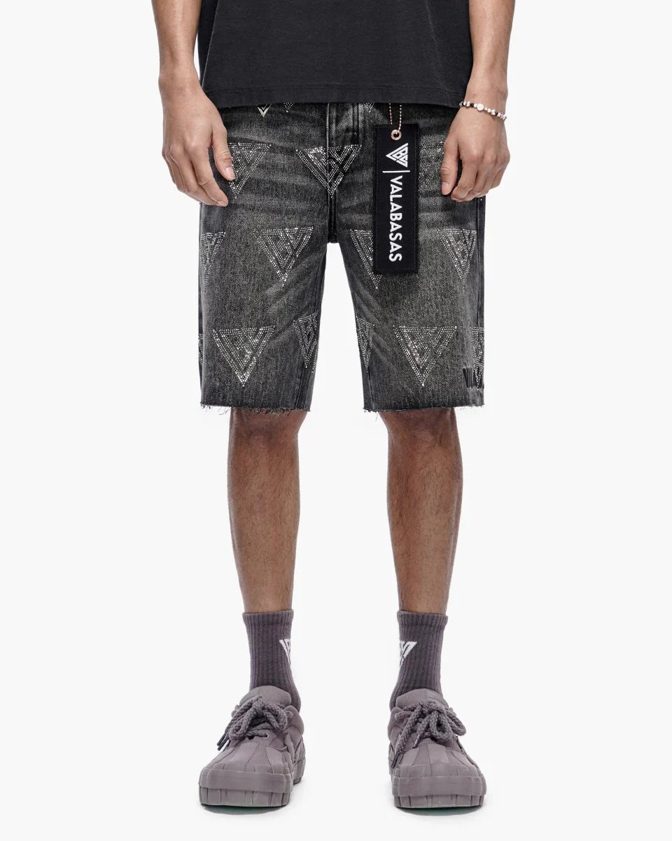 Valabasas Palace Rhinestone Shorts - Grey Wash Denim Exchange