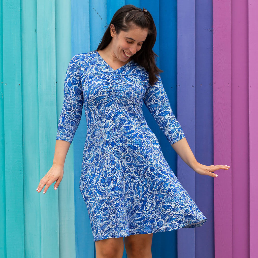 Adult "Ancient Imprint" Paleo Paisley V-Neck A-Line Dress with Sleeves and Pockets Princess Awesome & Boy Wonder