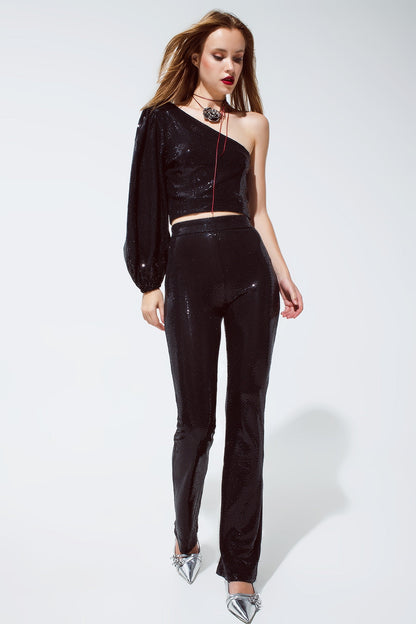 Party Cropped one shoulder top with glitter detail in black Q2store