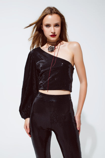 Party Cropped one shoulder top with glitter detail in black Q2store