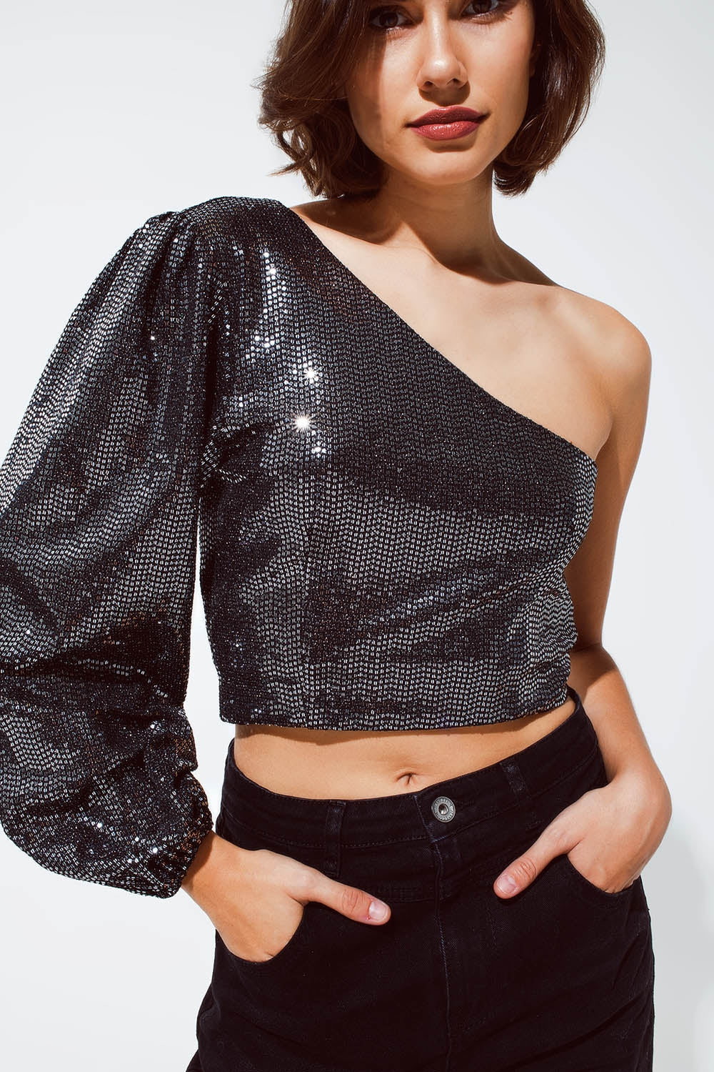 Party Cropped one shoulder top with glitter detail in silver Q2store