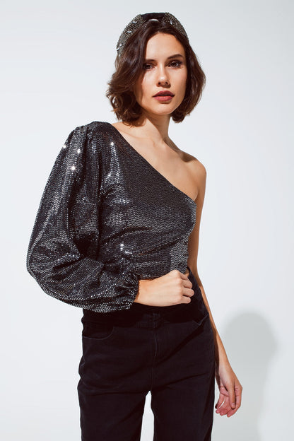 Party Cropped one shoulder top with glitter detail in silver Q2store