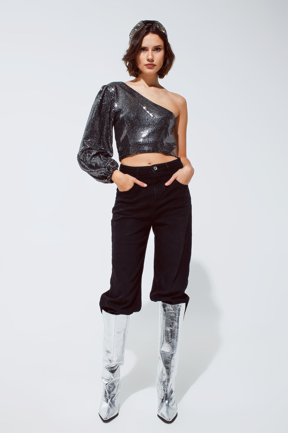 Party Cropped one shoulder top with glitter detail in silver Q2store