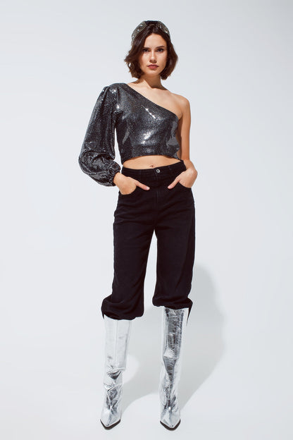 Party Cropped one shoulder top with glitter detail in silver Q2store