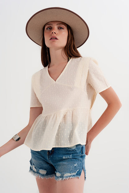 Peplum broderie top in Beige Q2store