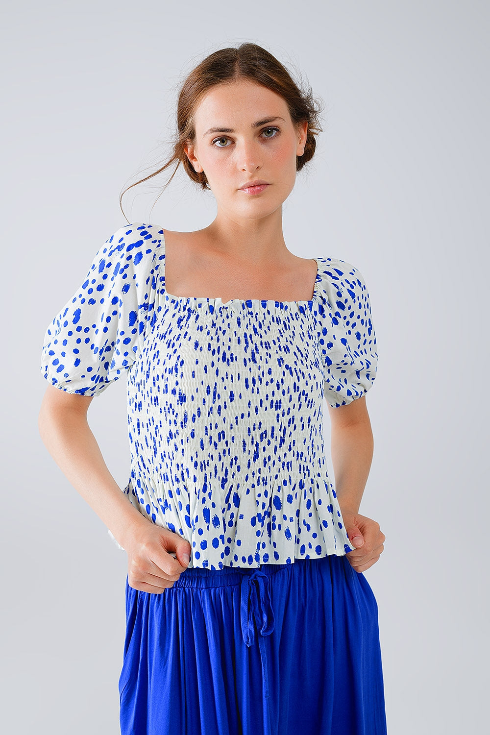 Peplum Shirred White Blouse With Blue Polka Dots Q2store