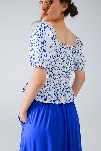 Peplum Shirred White Blouse With Blue Polka Dots Q2store