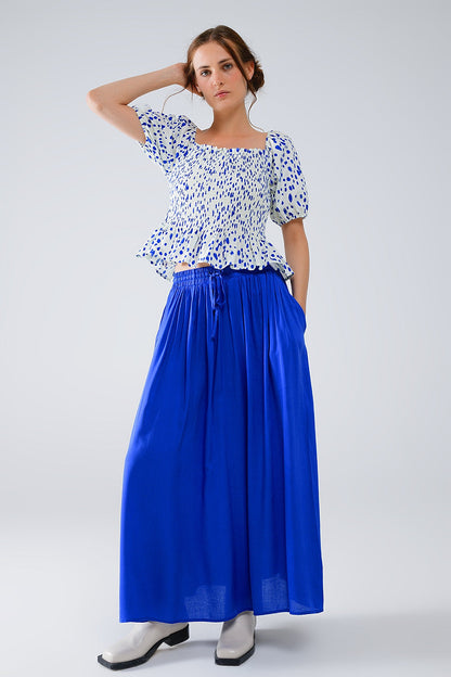 Peplum Shirred White Blouse With Blue Polka Dots Q2store