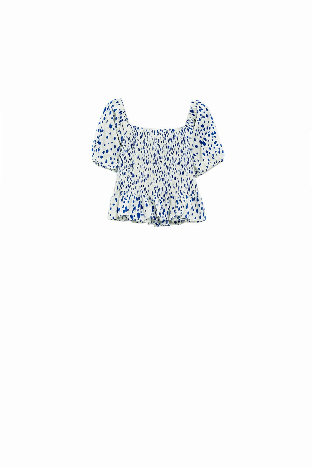 Peplum Shirred White Blouse With Blue Polka Dots Q2store