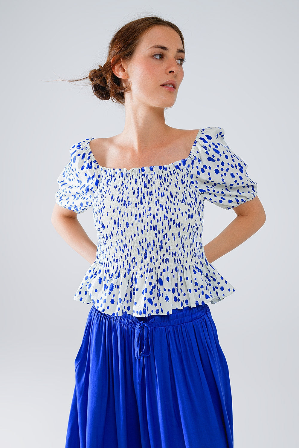 Peplum Shirred White Blouse With Blue Polka Dots Q2store