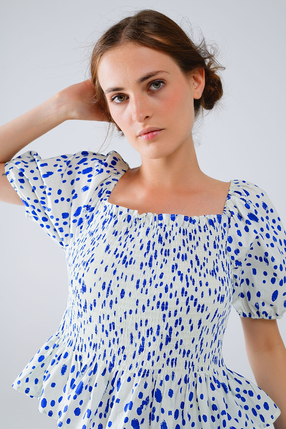Peplum Shirred White Blouse With Blue Polka Dots Q2store