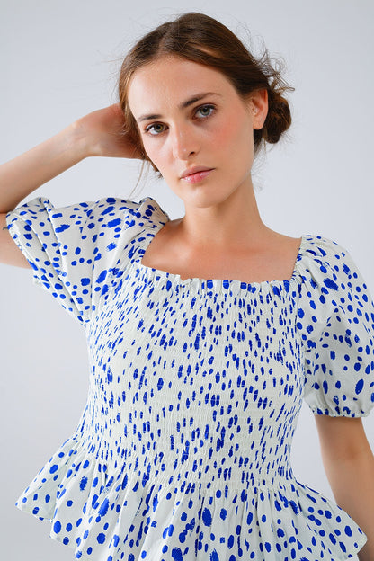 Peplum Shirred White Blouse With Blue Polka Dots Q2store