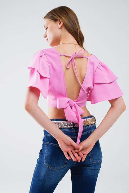 Pink Crop Top With Short Sleeves And V-neck Q2store