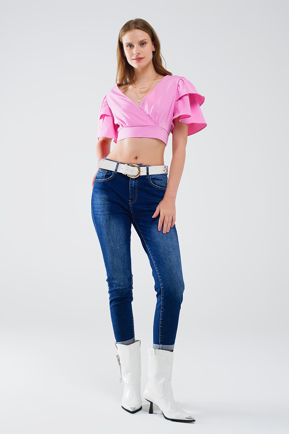 Pink Crop Top With Short Sleeves And V-neck Q2store
