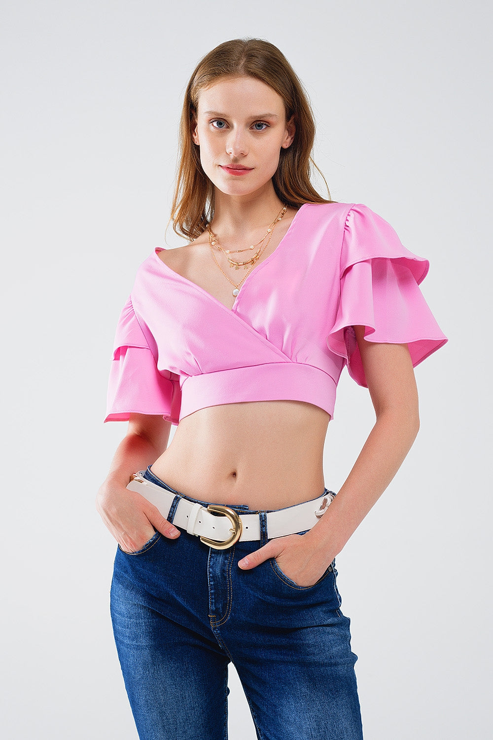 Pink Crop Top With Short Sleeves And V-neck Q2store