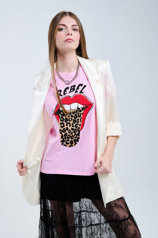Pink Rebel Graphic Tee with Leopard Print Tongue Q2store