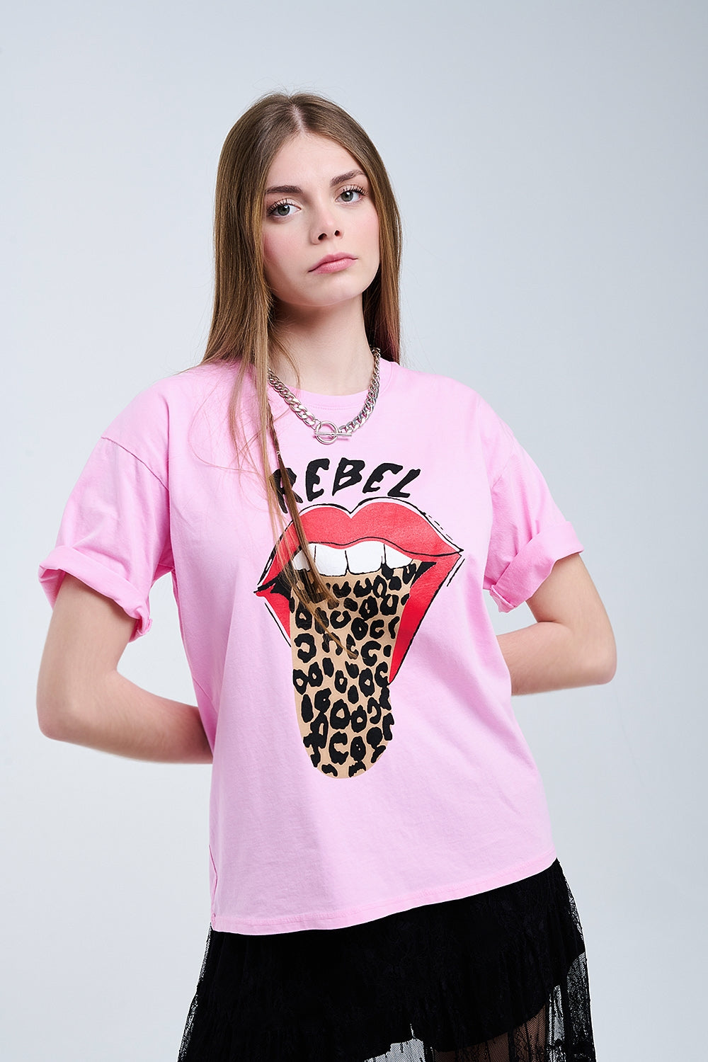 Pink Rebel Graphic Tee with Leopard Print Tongue Q2store