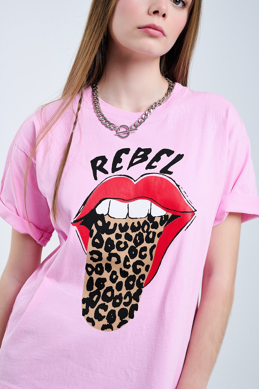 Pink Rebel Graphic Tee with Leopard Print Tongue Q2store