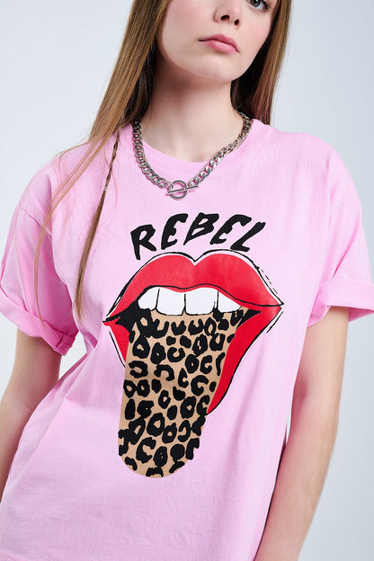 Pink Rebel Graphic Tee with Leopard Print Tongue Q2store