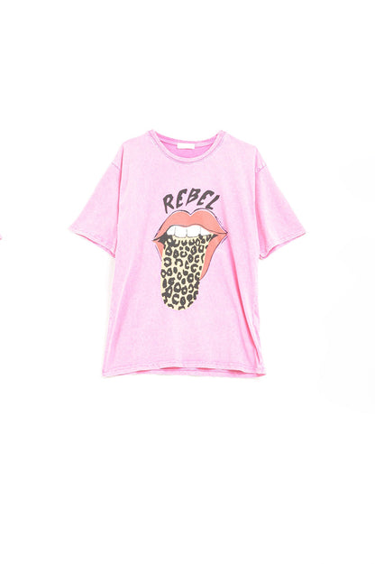 Pink Rebel Graphic Tee with Leopard Print Tongue Q2store