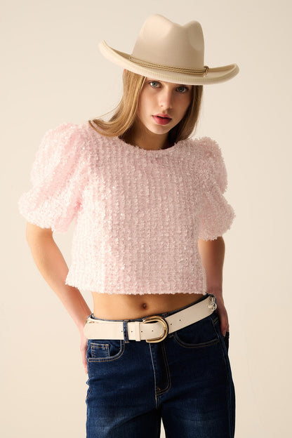 Pink top with sequin detail and balloon sleeves Q2store