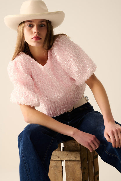 Pink top with sequin detail and balloon sleeves Q2store